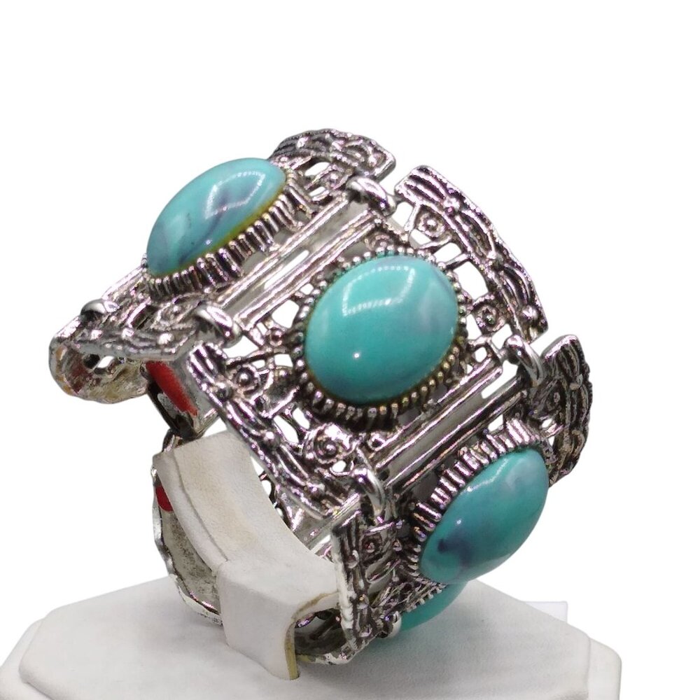 Vintage Marbled Plastic Cabochon Panel Bracelet, Silver Tone with Turquoise